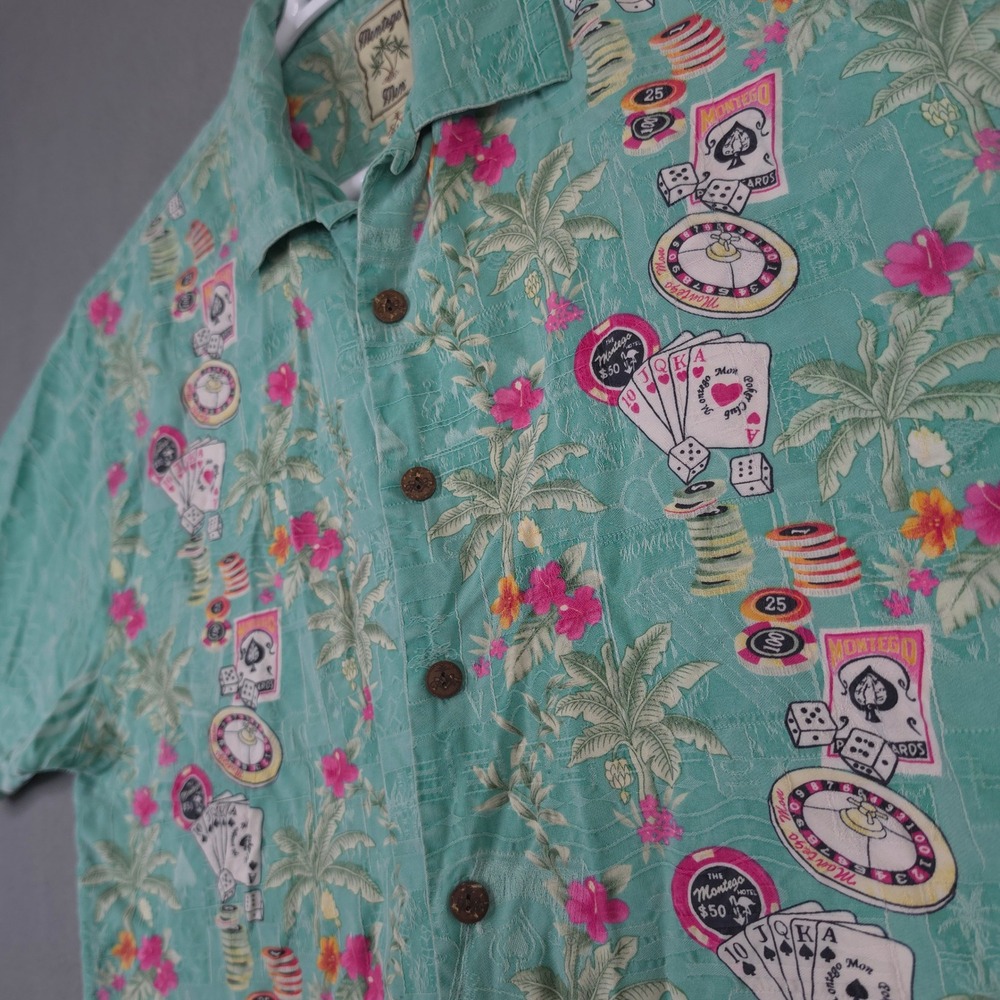 Montego Bay Men Silk Hawaiian Shirt Green Casino Poker Loop Collar Tropical L